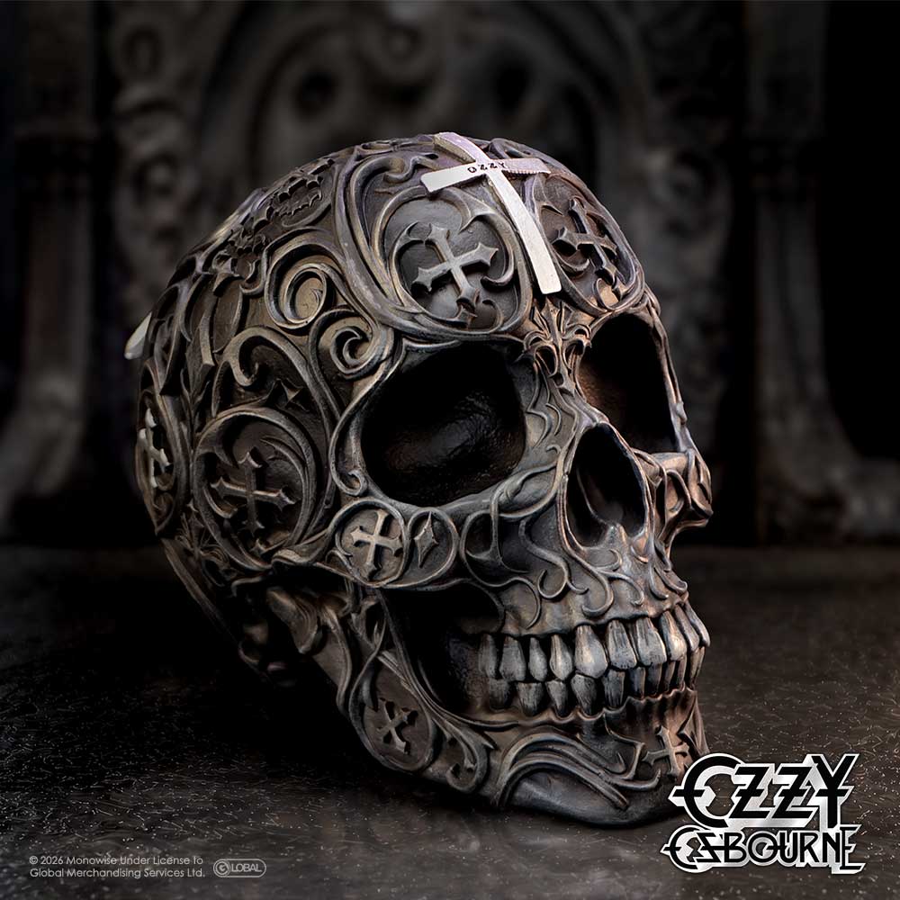 Ozzy Osbourne Prince of Darkness Skull - Ozzy skull displayed on a dark tabletop