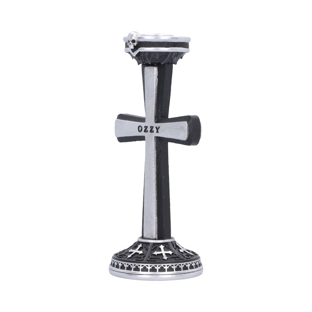 Ozzy Osbourne Prince of Darkness Candle Holder - Angled view of narrow cross and patterned round base