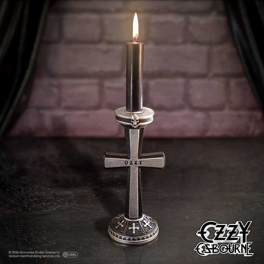 Ozzy Osbourne Prince of Darkness Candle Holder - Ozzy cross holder displayed with a dark taper candle