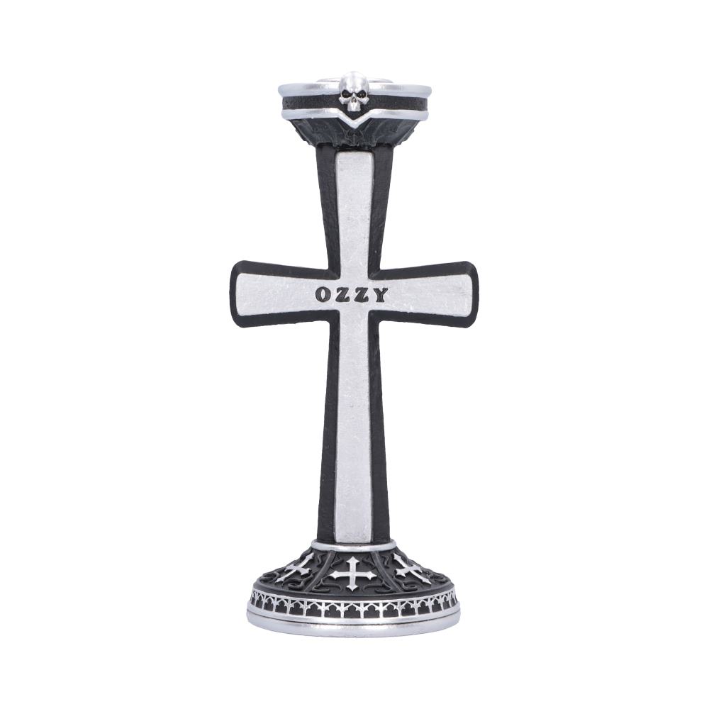 Ozzy Osbourne Prince of Darkness Candle Holder - Front view of tall silver-edged cross with Ozzy name