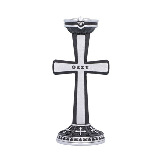 Ozzy Osbourne Prince of Darkness Candle Holder - Front view of tall silver-edged cross with Ozzy name
