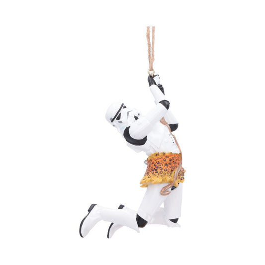 Stormtrooper Wild at Heart Hanging Ornament - Front view of trooper swinging from rope in leopard-print skirt