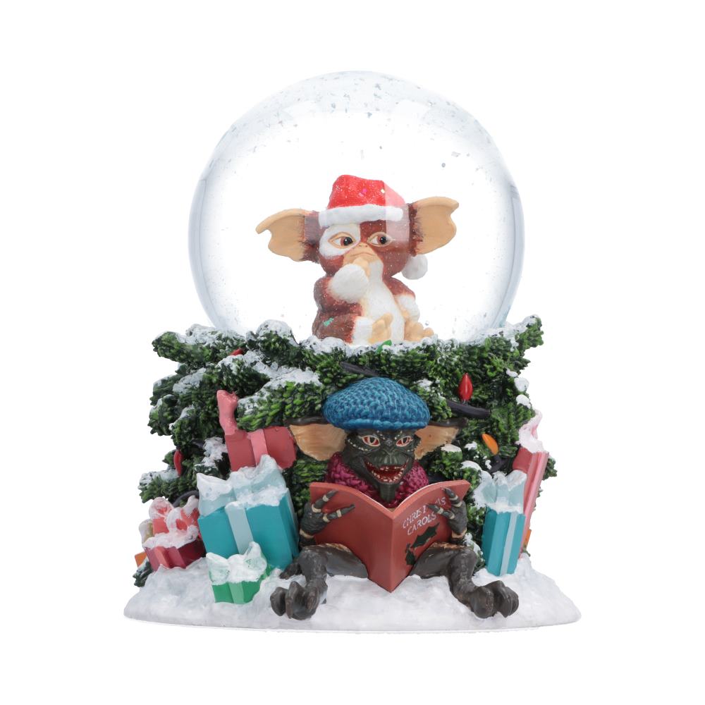 Gremlins Christmas Carol Snow Globe - Front view of Santa-hatted Gizmo globe above carol scene