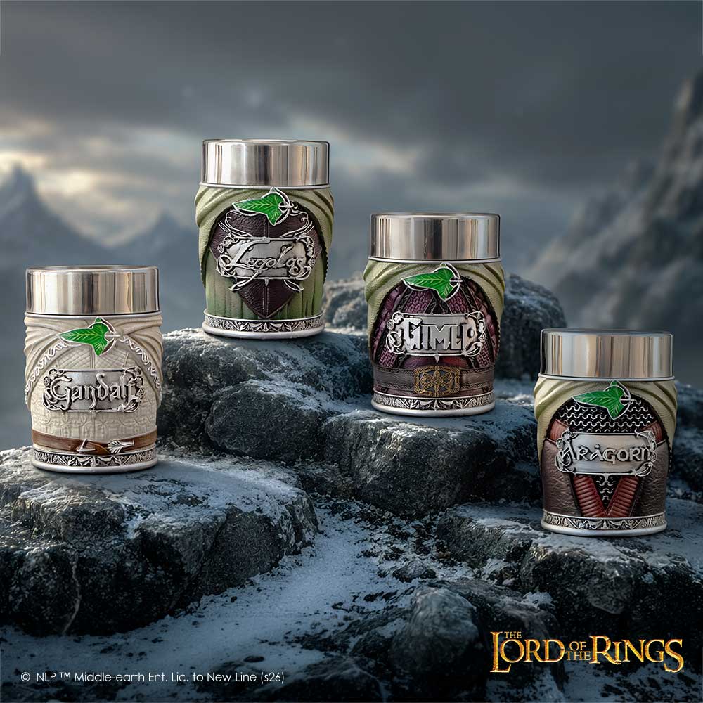 Lord of the Rings Fellowship Mini Cup Set - Four Fellowship cups displayed on rocky ground