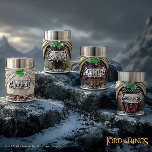 Lord of the Rings Fellowship Mini Cup Set - Four Fellowship cups displayed on rocky ground