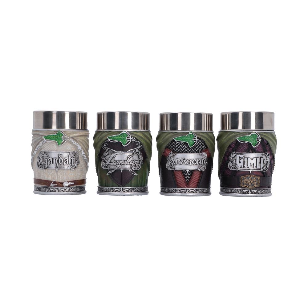 Lord of the Rings Fellowship Mini Cup Set - Front view of four character cups with green leaf brooches