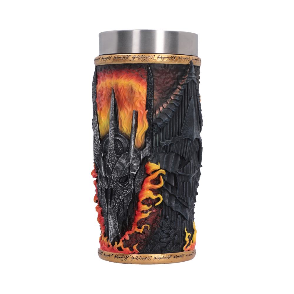 Lord of the Rings Sauron Collectible Drinkware - Angled view of tall dark vessel and sculpted helmet