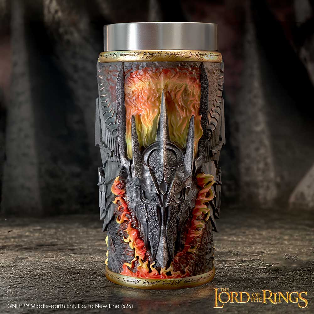 Lord of the Rings Sauron Collectible Drinkware - Sauron vessel with metal rim on a textured tabletop