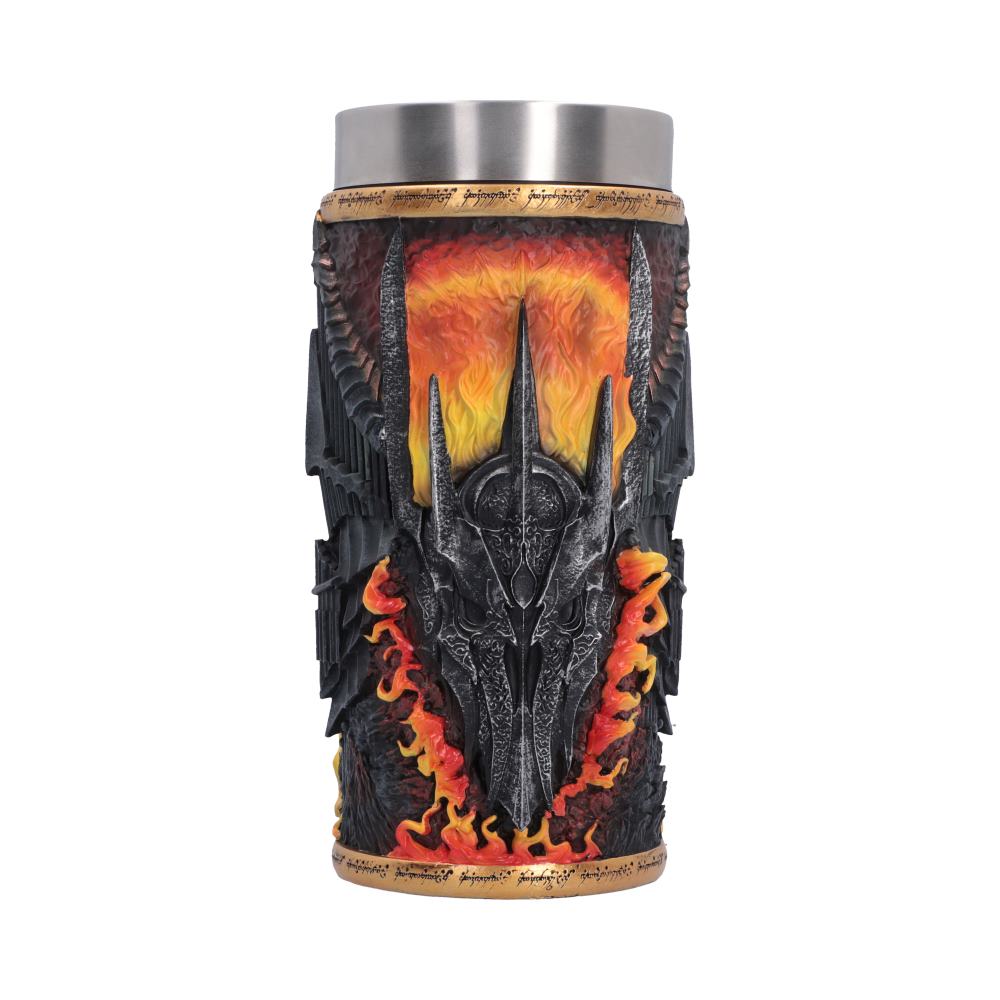 Lord of the Rings Sauron Collectible Drinkware - Front view of Sauron helmet against fiery orange detail