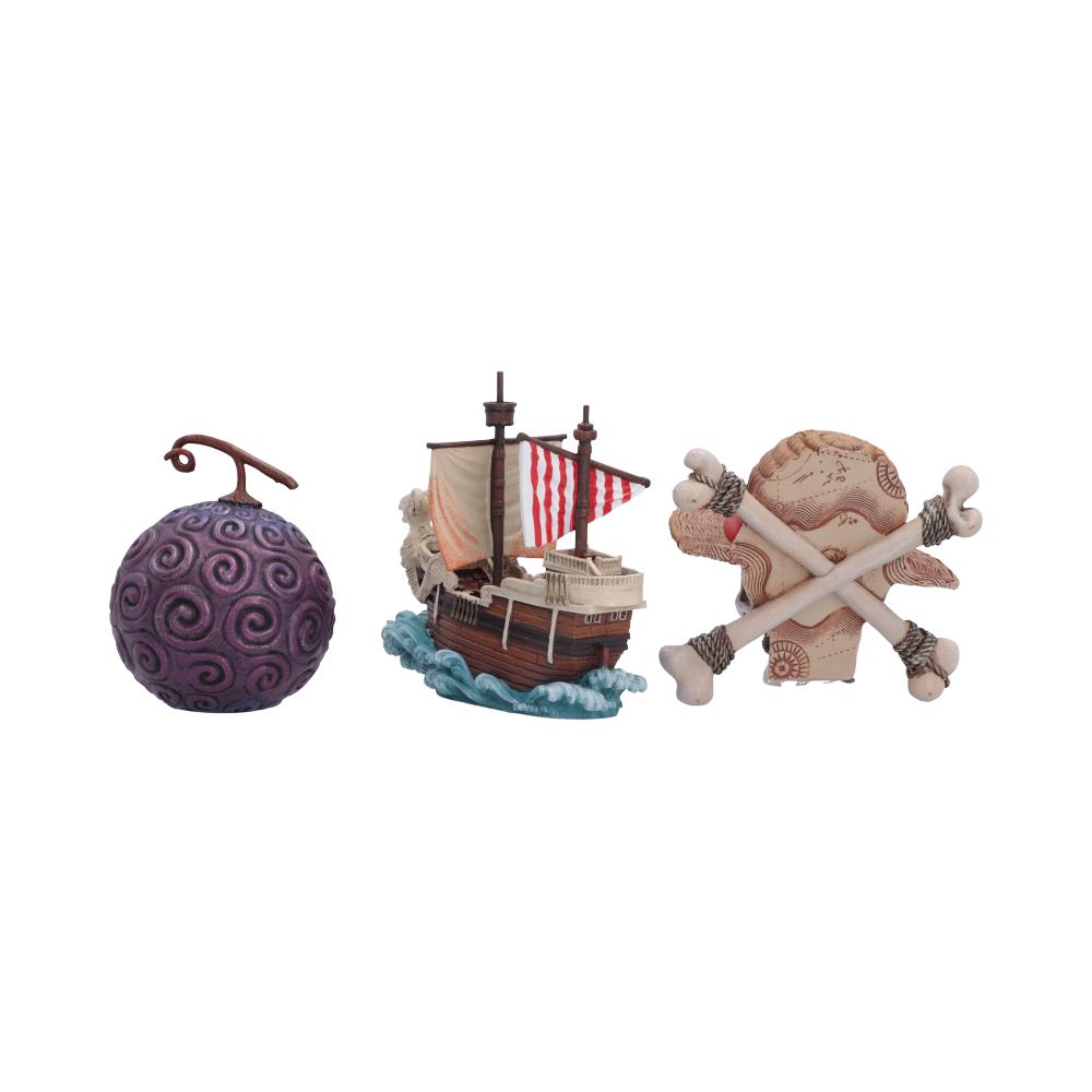 One Piece First Voyage Mini Figurines Set - side arrangement of fruit, ship and crossbones