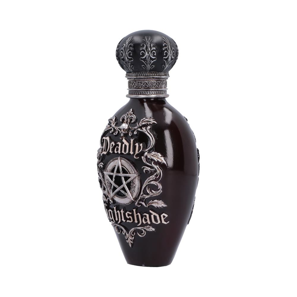 Deadly Nightshade Bottle Figurine - Angled view of dark bottle and raised gothic scrollwork