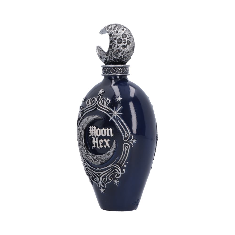 Moon Hex Bottle Figurine - Angled view of blue bottle and celestial border