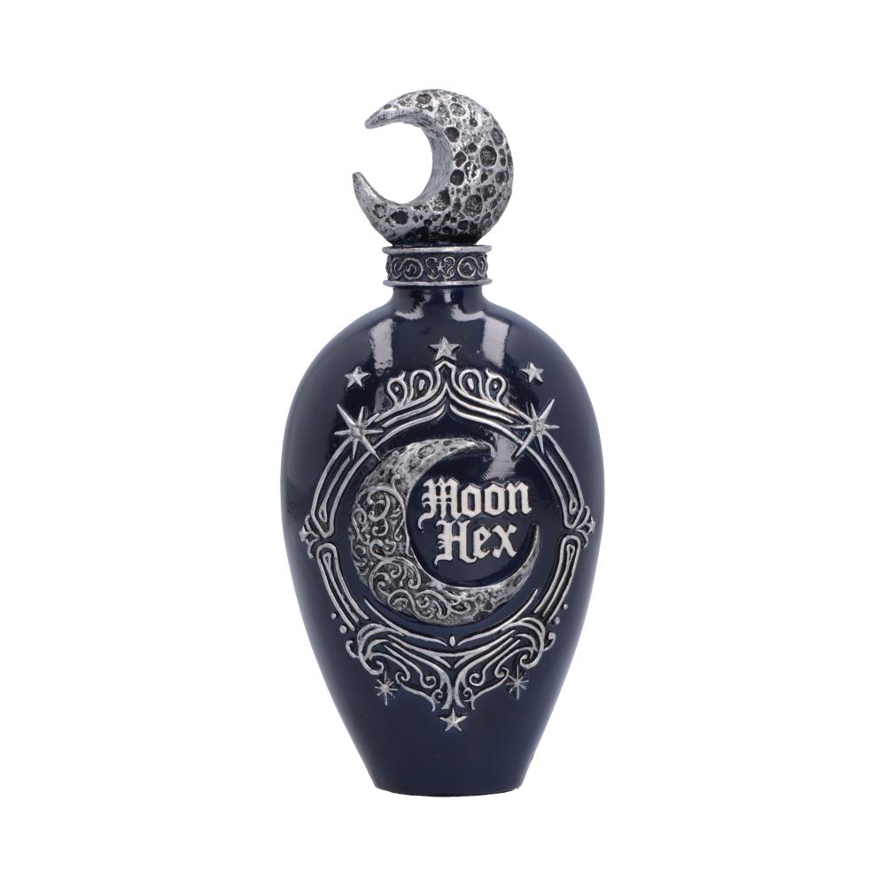 Moon Hex Bottle Figurine - Front view of Moon Hex lettering and silver crescent cap