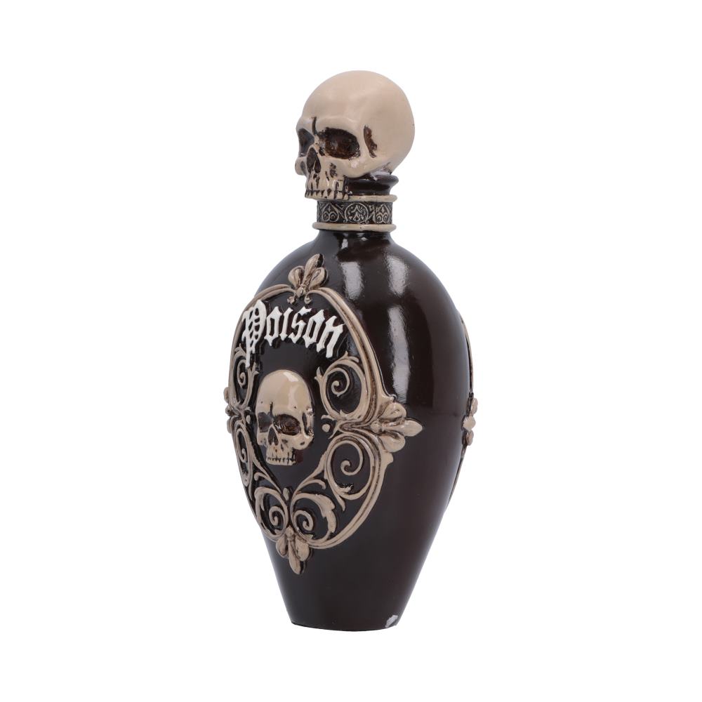 Poison Bottle Figurine - Angled view of dark bottle with pale scrollwork