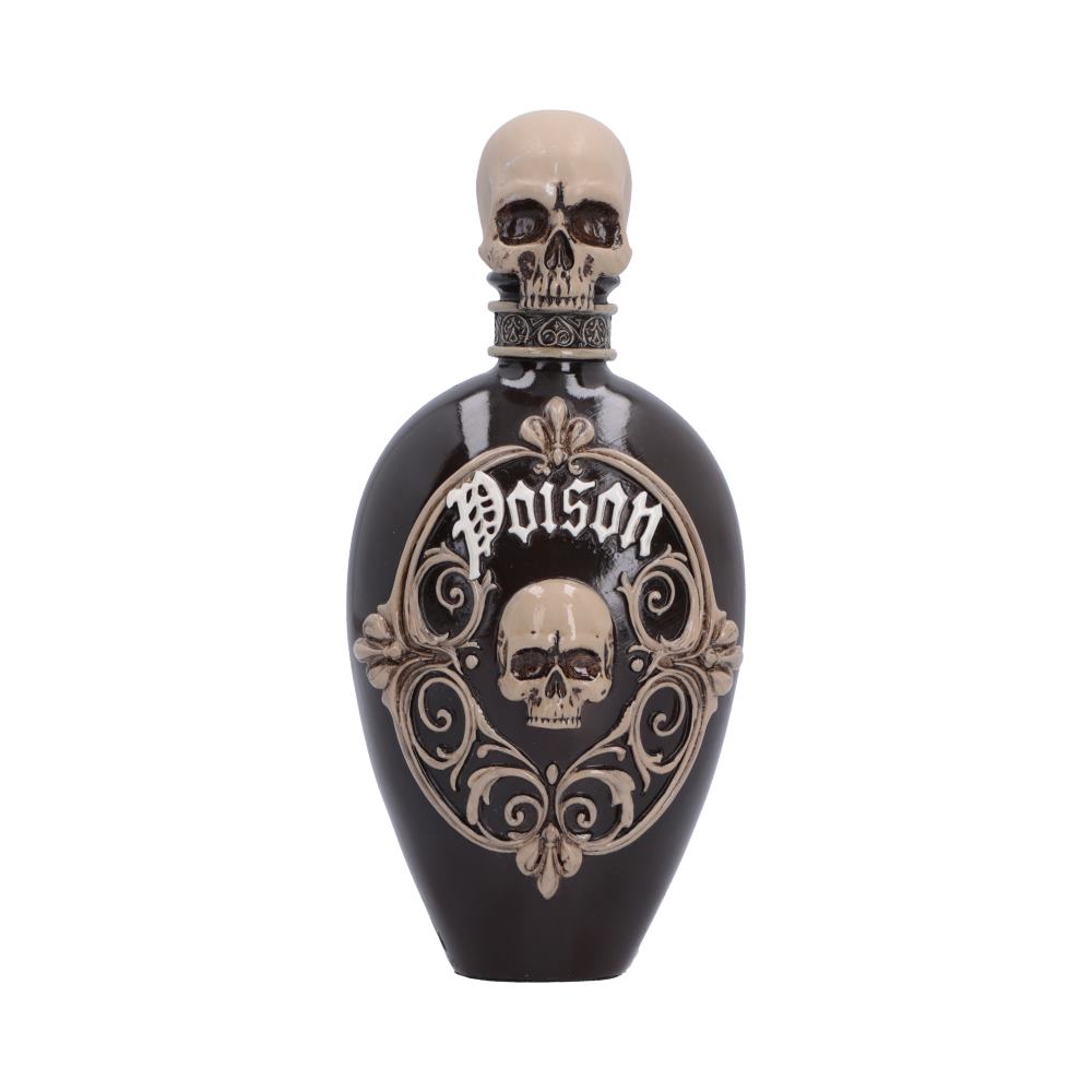 Poison Bottle Figurine - Front view of Poison lettering skull motif and skull cap