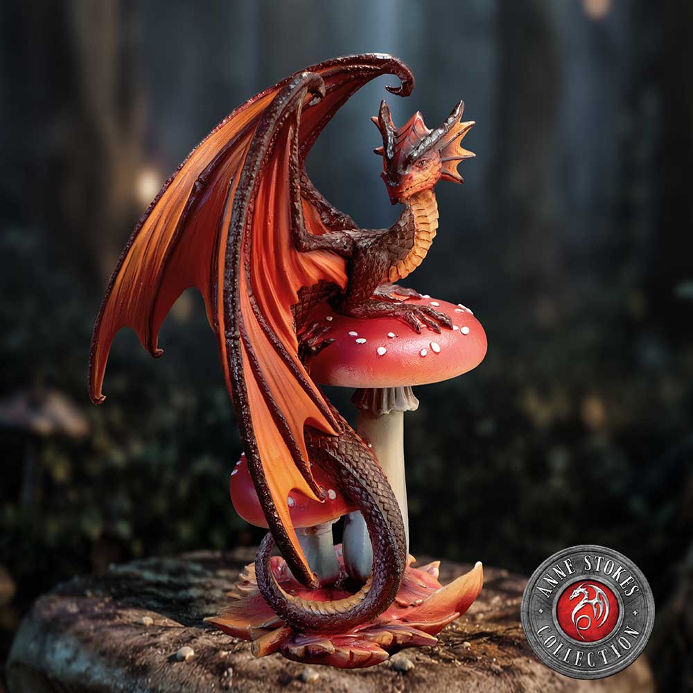 Anne Stokes Mushroom Dragon Figurine - dragon displayed in woodland setting