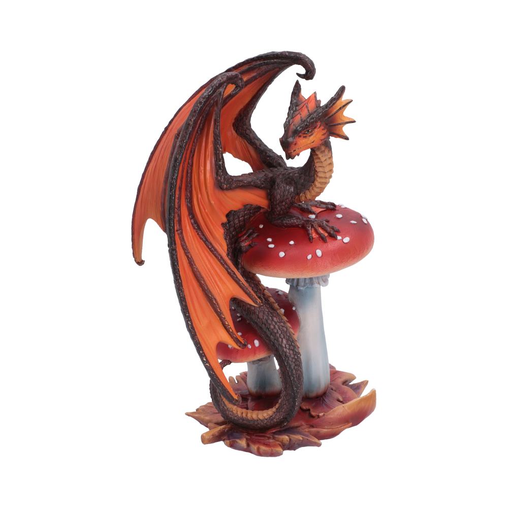 Anne Stokes Mushroom Dragon Figurine - orange-winged dragon on red spotted mushrooms