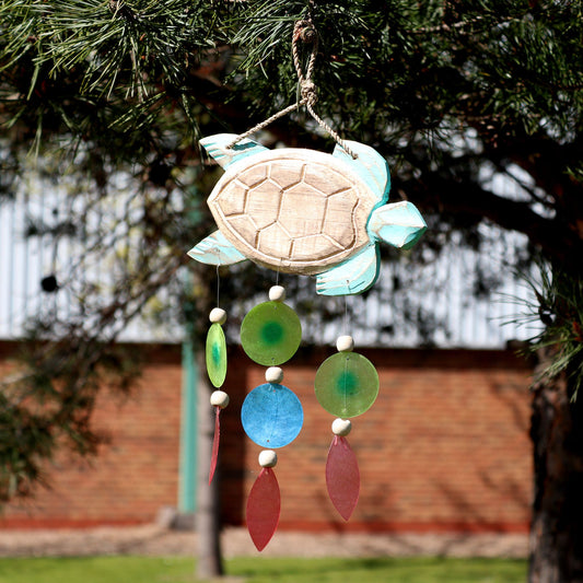 Handmade aqua turtle carving windchime with colourful Capiz shell drops.