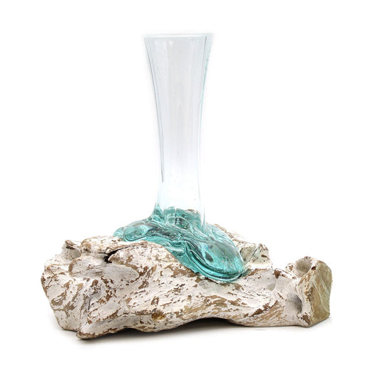 Medium whitewash molten glass vase shaped over pale gamal wood for flowers and dried stem displays UK