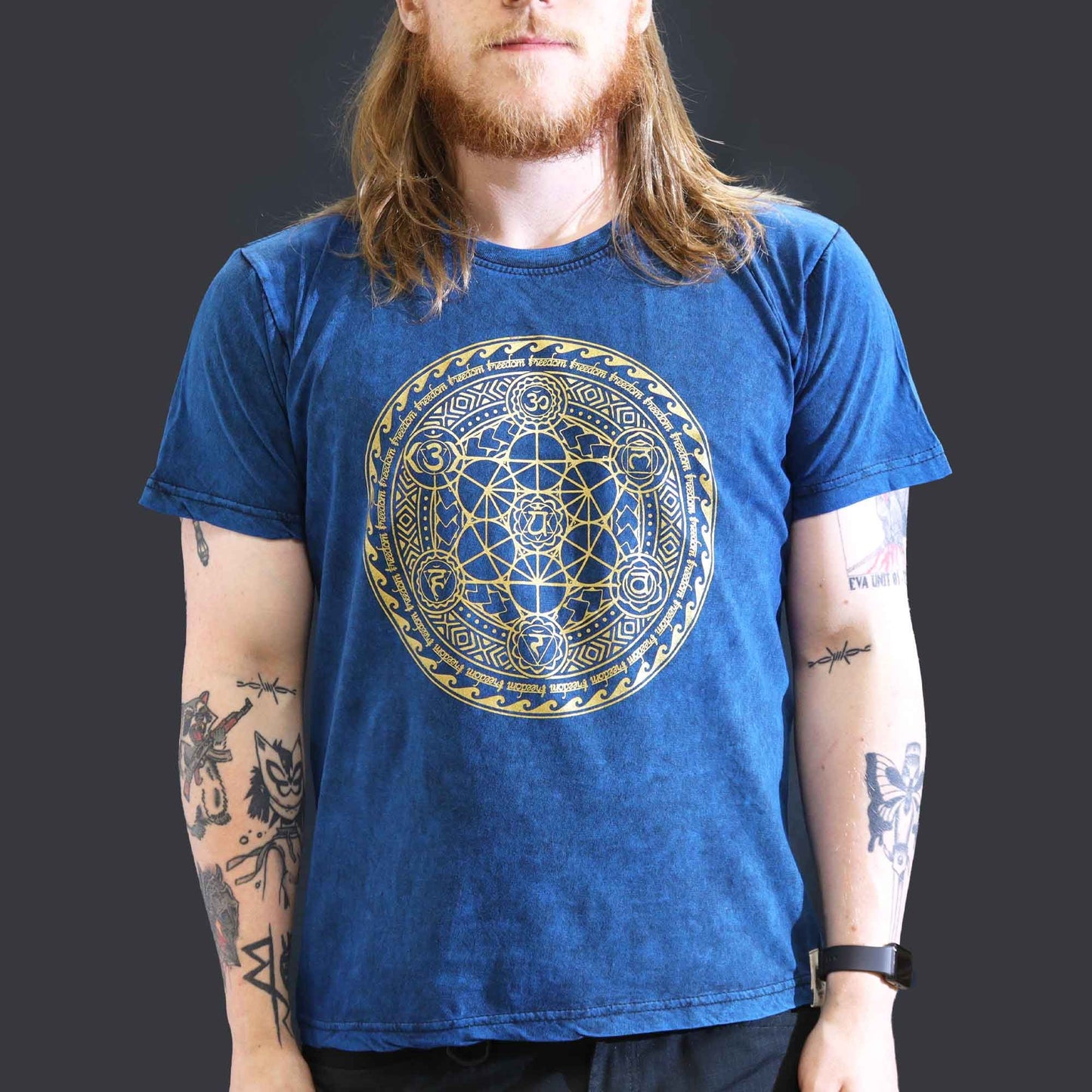 Large stone washed blue chakra spiritual t-shirt