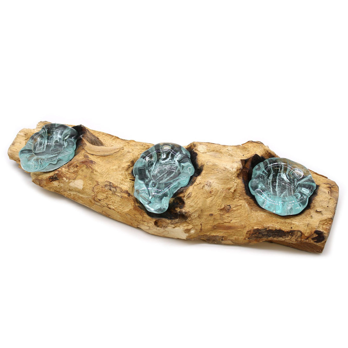 Molten glass flat triple candle holder on natural gamal wood with three candle wells UK