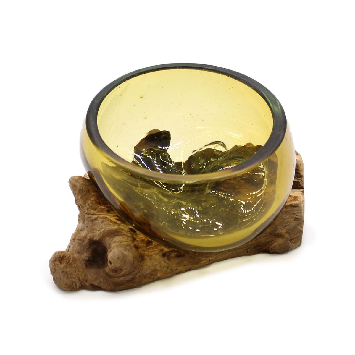 Mini amber molten glass bowl on natural gamal wood for air plants and warm boho home displays UK