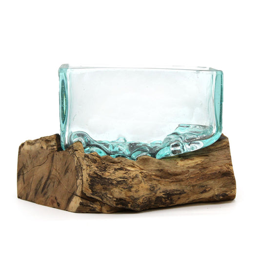 Medium molten glass tank bowl on natural gamal wood stand for air plants and decorative displays UK
