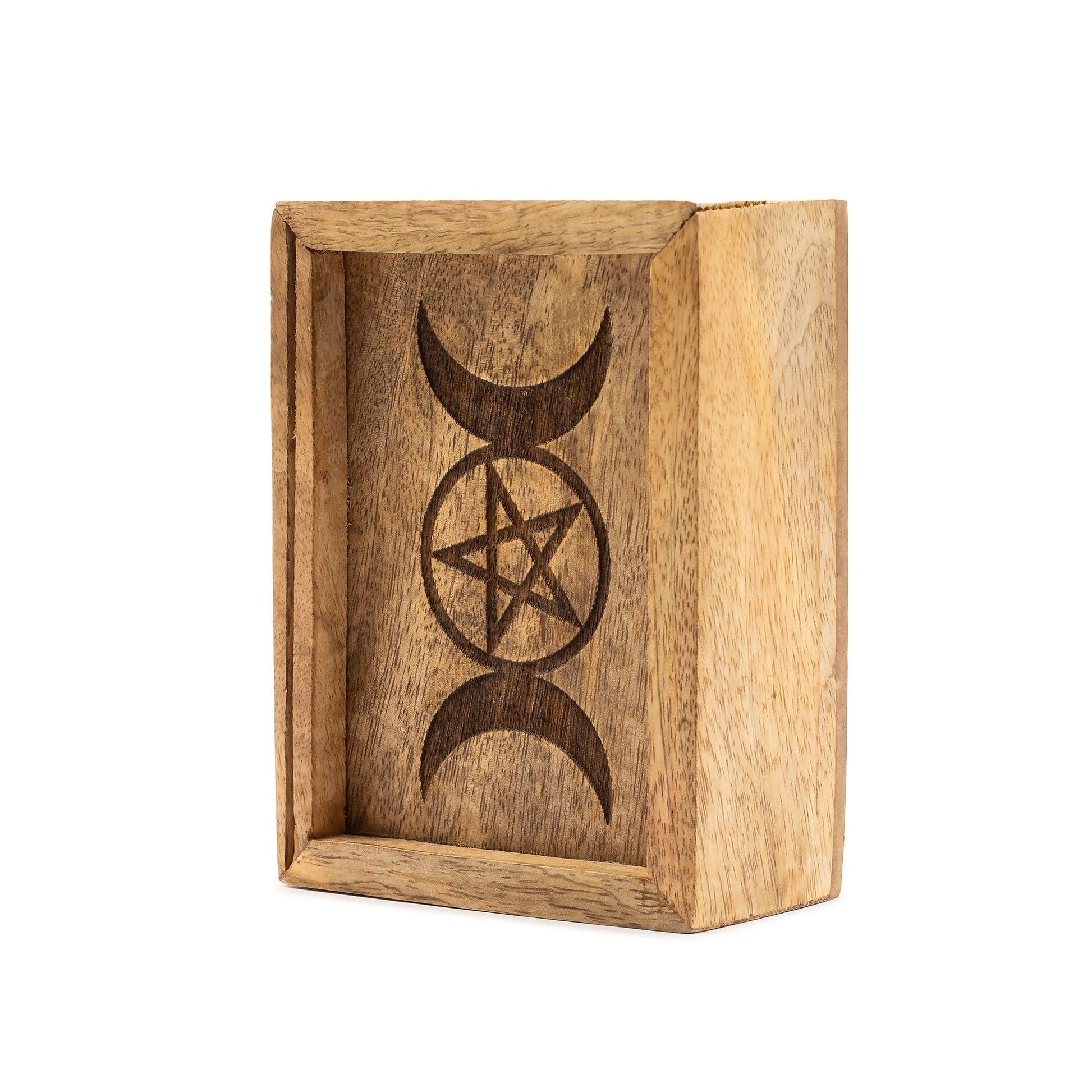 Small Tarot Box with Card Holder – compact mango wood box with tarot card storage compartment and upright display