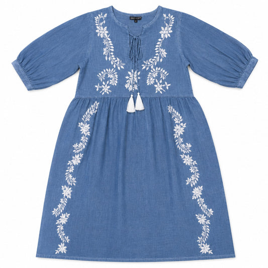 Nomad Sari On the Med Collection - Dress - Dusky Blue with Embroidery & Tassels (L-XL)
