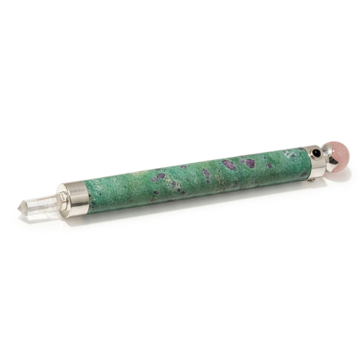 Verdant Heart 23cm ruby fuchsite crystal wand with rose quartz sphere and clear crystal points