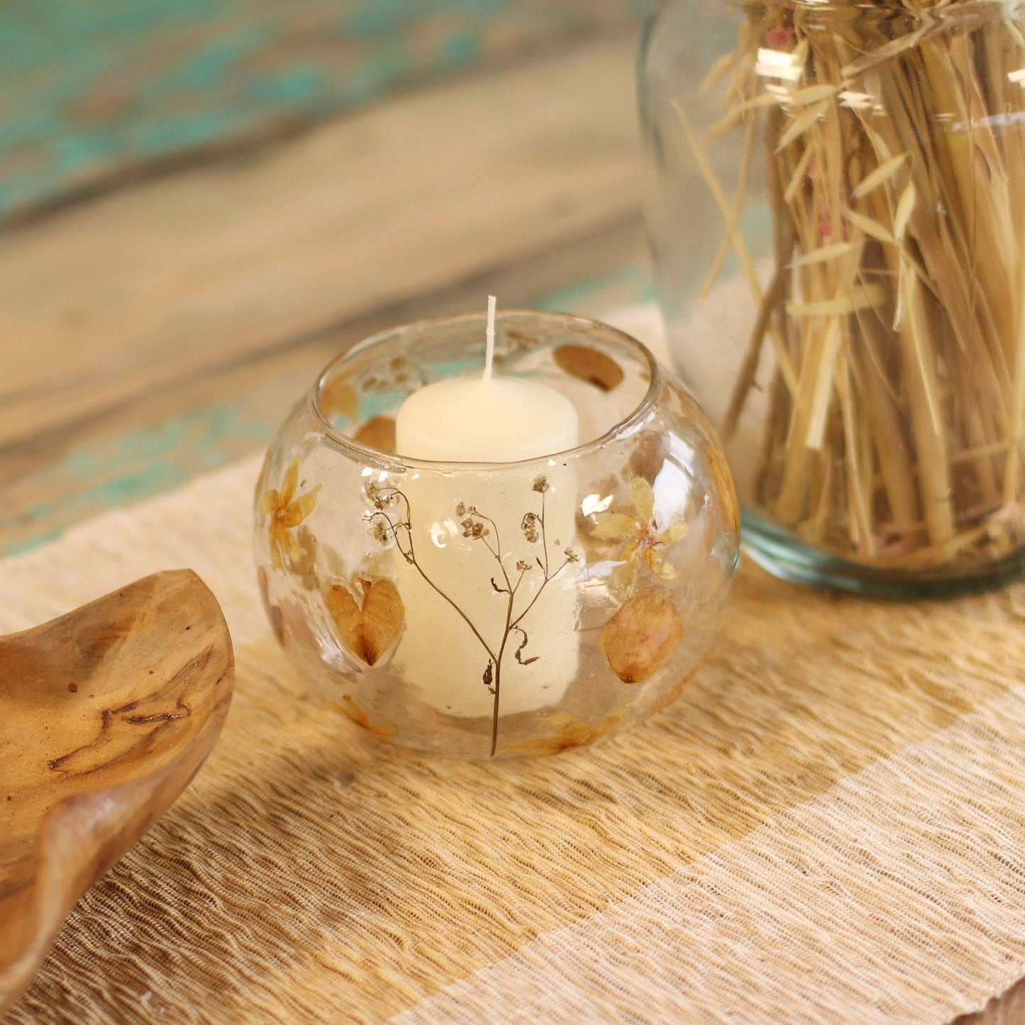 Rosa large recycled glass bowl candle holder with real pressed flowers