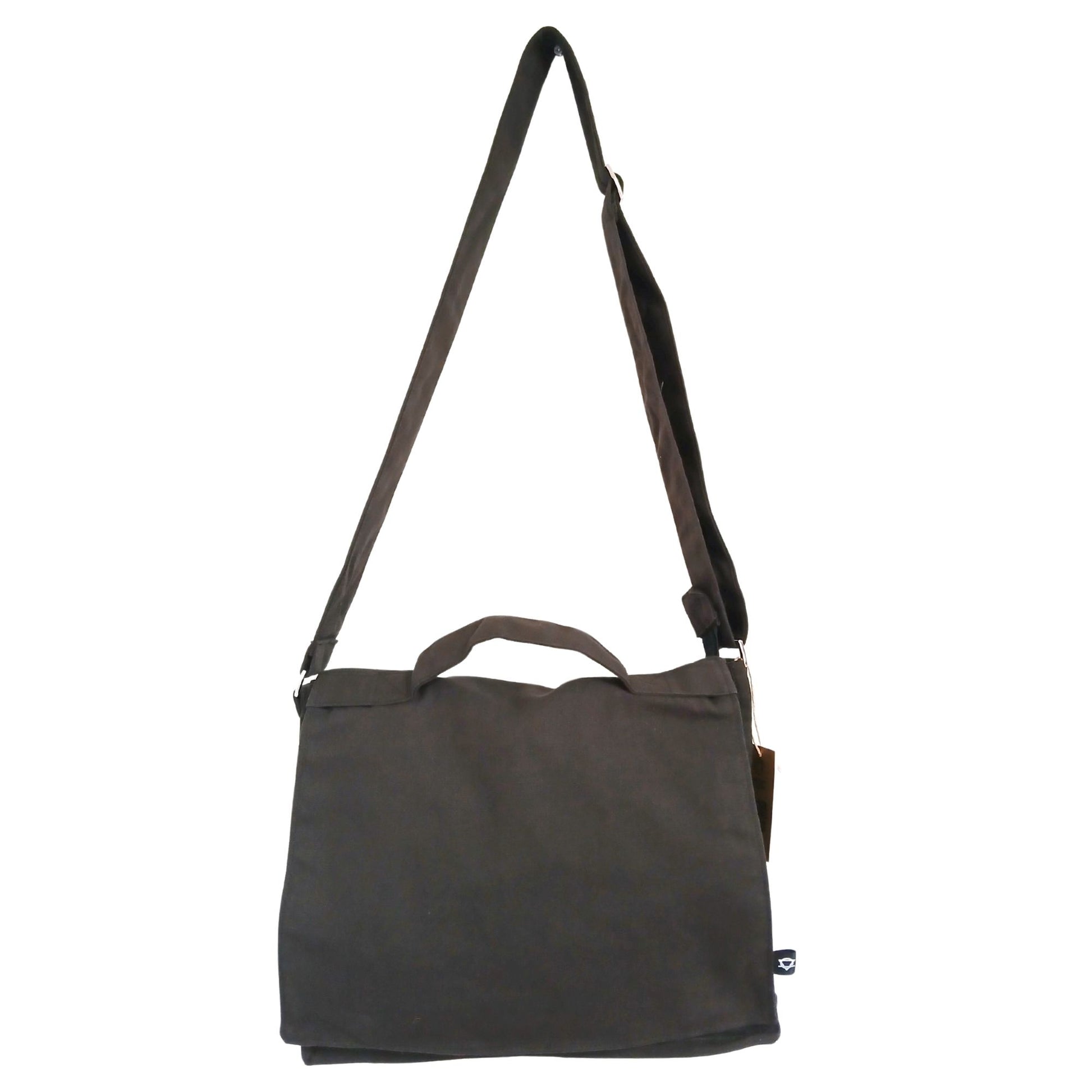 Cotton Canvas Laptop Messenger Bag in charcoal with adjustable shoulder strap and multiple storage pockets.