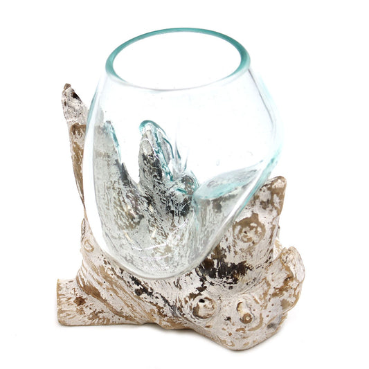 Medium whitewash molten glass bowl shaped over pale natural gamal wood for plants and floating candle displays UK