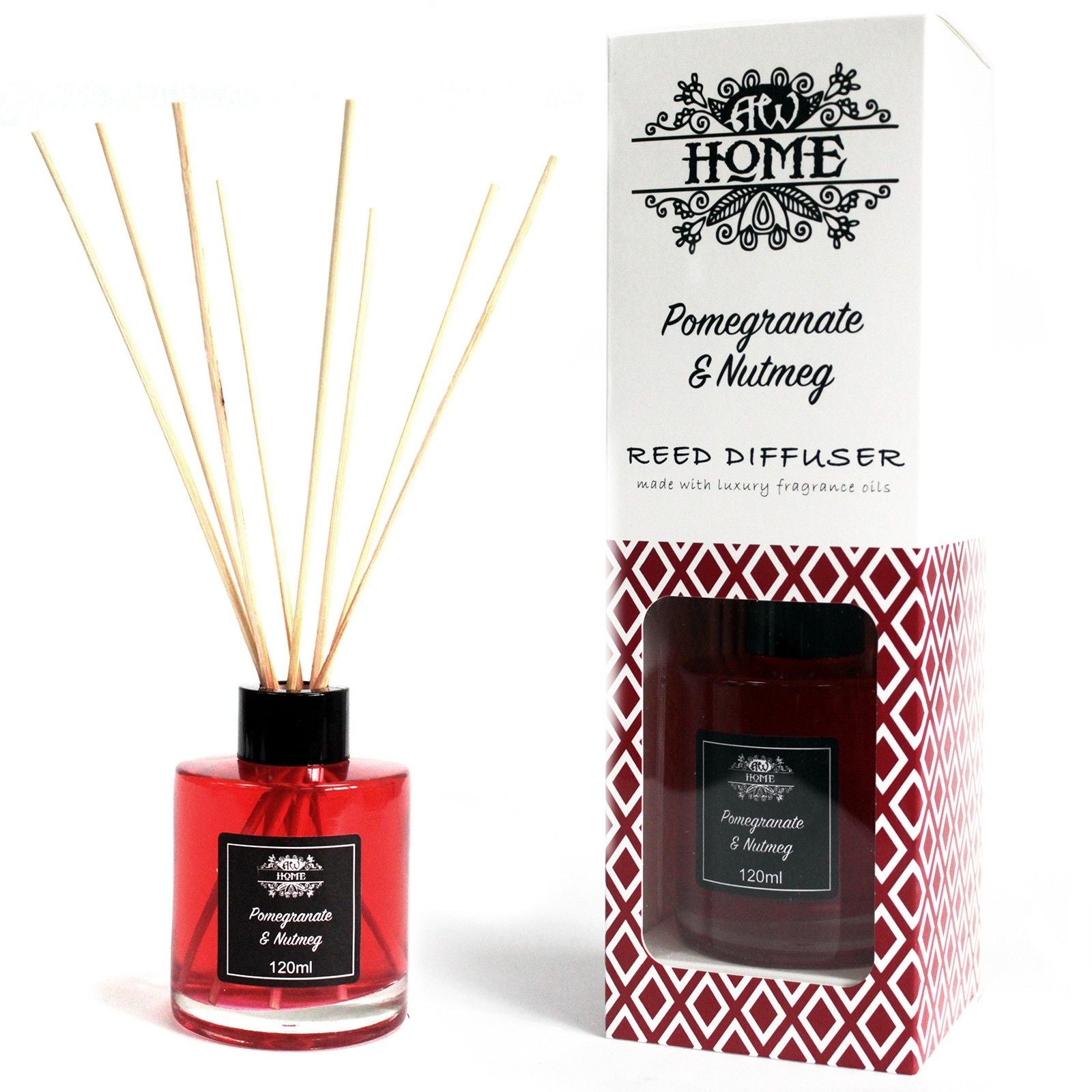 Pomegranate and Nutmeg reed diffuser 120ml with fruity sweet spicy fragrance for cosy home scent