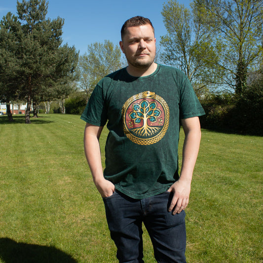 XL Nomad Sari Stonewashed Cotton T-Shirt in green with Tree of Life and ouroboros design on soft double stonewashed cotton.
