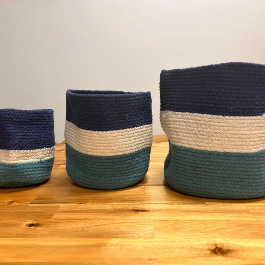 Set of 3 evil eye inspired jute rope baskets – woven eco-friendly storage baskets for boho home organisation