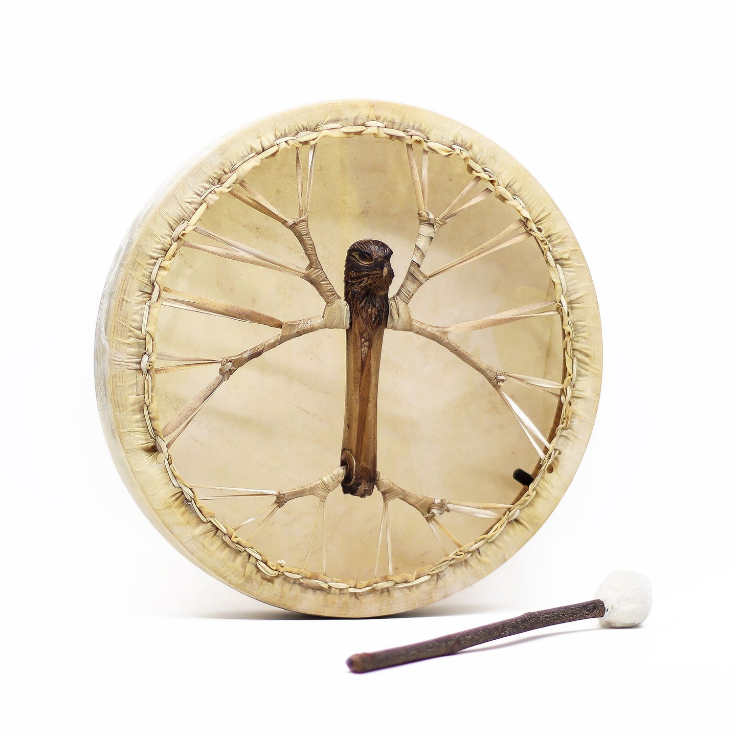 Spirit of the Eagle Shaman Drum & Stick 40 cm, acacia wood frame drum with carved eagle-head handle and goatskin head for ritual drumming and meditation.