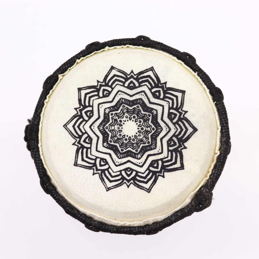Mandala Wide Top Djembe Drum 15 cm, hand-carved wooden mini-djembe with mandala painted drum head.