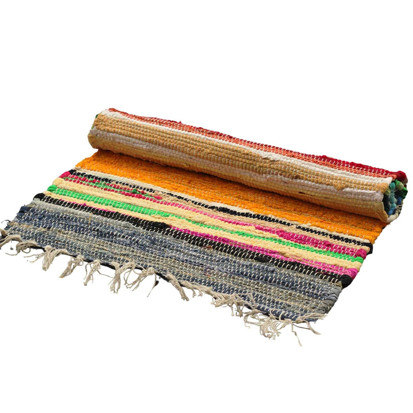 Room Rag Rug 150x200cm Rainbow Colours handcrafted cotton and recycled fabric boho floor rug.