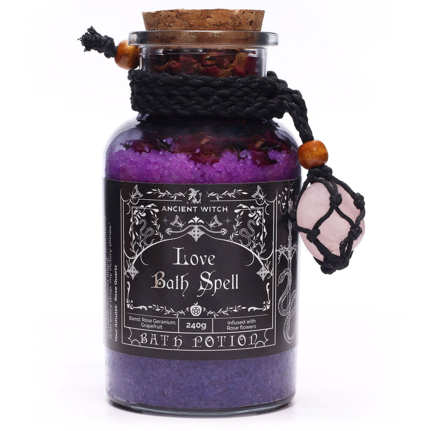 Ancient Witch Bath Spell Potion – floral and citrus bath salts with rose quartz crystal amulet for love and emotional harmony
