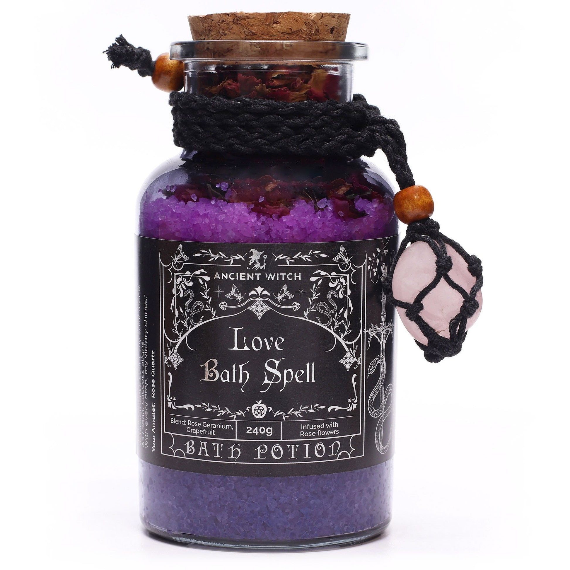 Ancient Witch Bath Spell Potion – floral and citrus bath salts with rose quartz crystal amulet for love and emotional harmony