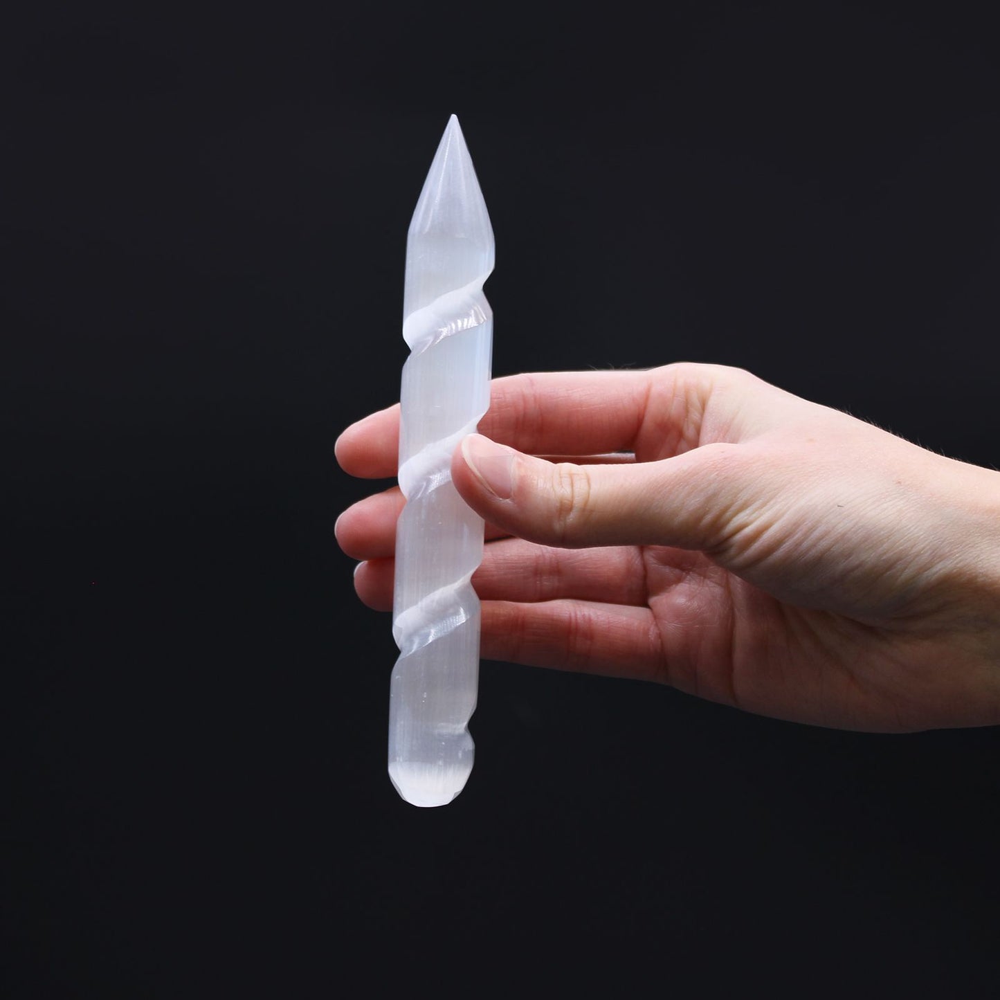 Selenite Spiral Wand Point One End