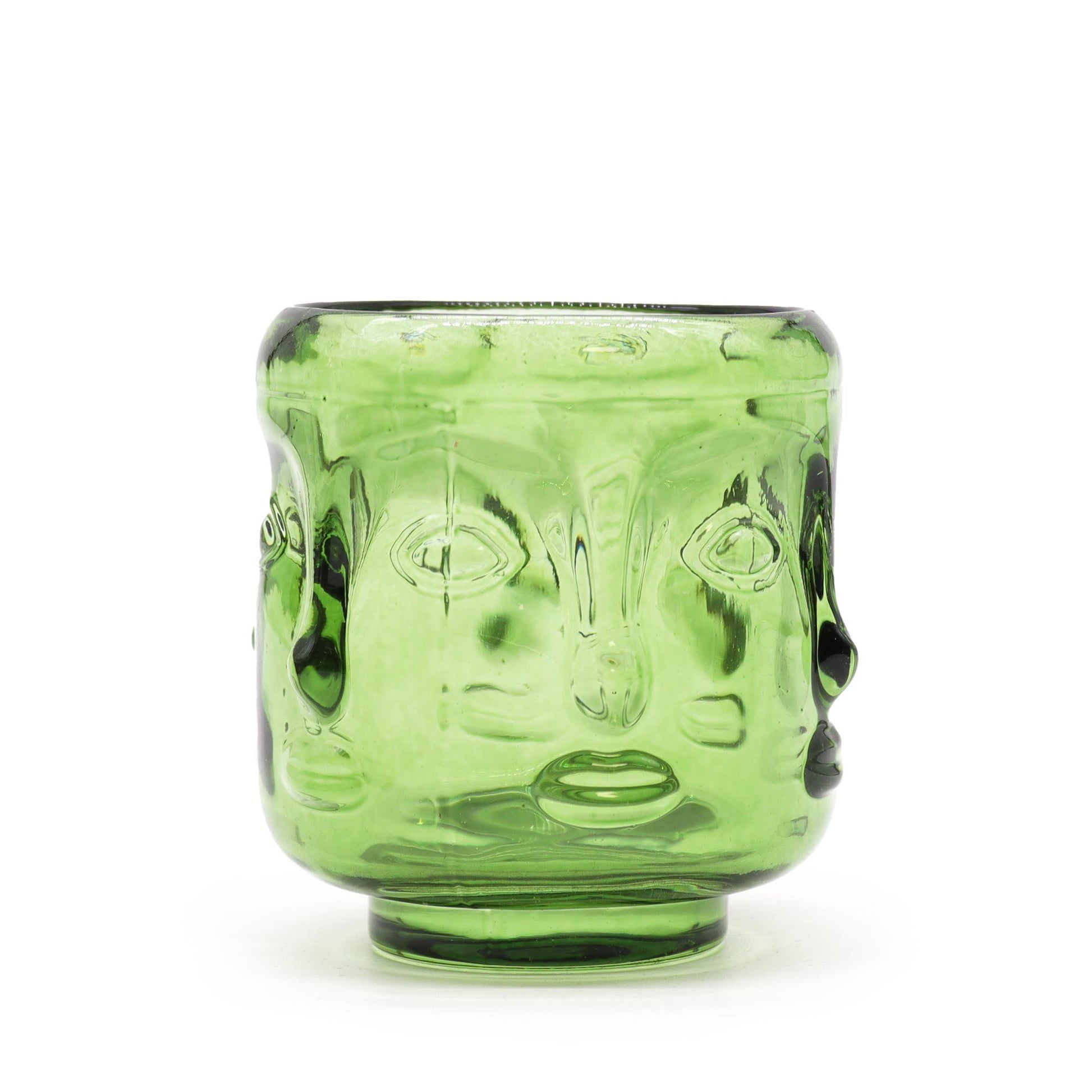 Garden jade green pressed glass Buddha Faces candle jar
