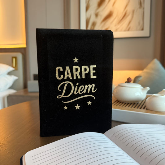 Carpe Diem Velvet Journal black cover with motivational text – soft velvet notebook for writing and reflection