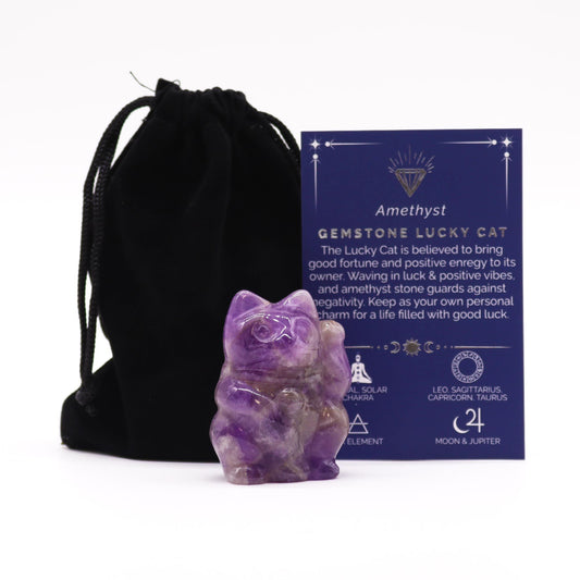 Gemstone Lucky Cat – hand-carved amethyst crystal figurine for good fortune and calming décor