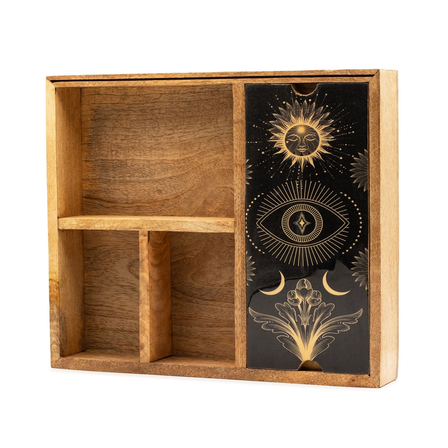 Four Section Tarot Box with Card Holder – a natural mango wood tarot storage box with four compartments and upright card display