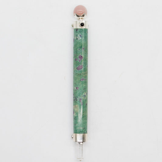 Verdant Heart Wand - Ruby Fuchsite Rose Quartz Crystal Ball top - 23cm