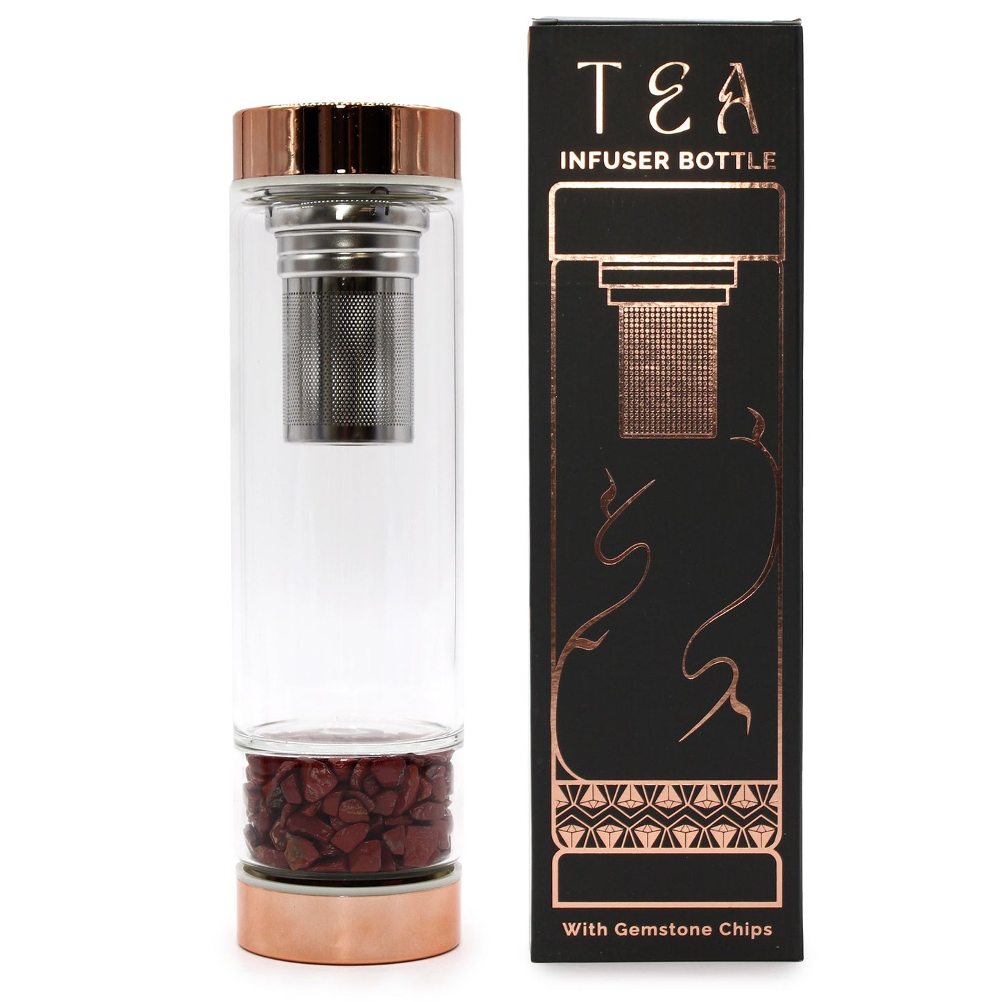 Crystal Glass Tea Infuser Bottle Rose Gold Red Jasper – 500ml borosilicate glass with removable infuser and red jasper crystal chamber