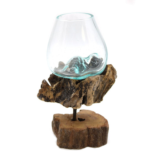 Medium molten glass bowl on natural gamal wood stand for plants floating candles and boho home décor UK