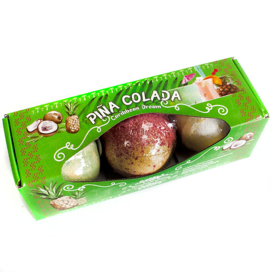 Set of three Piña Colada cocktail bath bombs with Classic Piña Strawberry Piña and Pear Piña scents UK